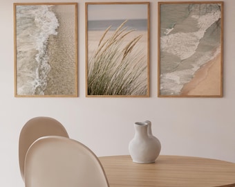 Neutral boho coastal prints set of 3, pastel beach grass downloadable prints, modern ocean printable wall art