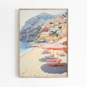 Amalfi coast painting, pink beach umbrellas print, pastel summer Italy art, retro coastal decor, large room printable wall art