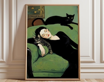 Impressão artística de mulher dormindo com gatos, ilustração vintage aconchegante para casa, pôster digital de gato preto, arte de parede verde esmeralda para impressão