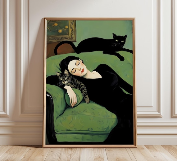 Sleeping woman with cats art print, vintage cozy home illustration, black cat digital poster, emerald green printable wall art