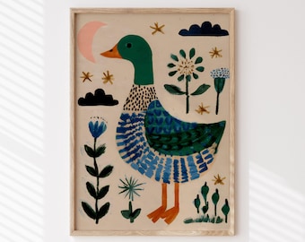 Impresión de arte popular de patos, ilustración caprichosa de patos para guardería, decoración de pared vintage cottagecore, arte de pared imprimible