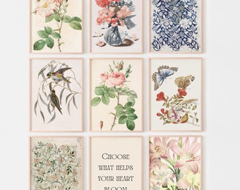 Antique Flowers Prints, Floral Gallery Wall Set of 9 Prints