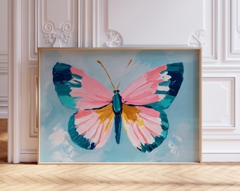 Colorful butterfly wall art, pink blue teal butterfly wings art print, pastel girls nursery room printable wall art