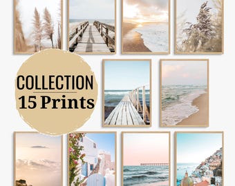 Coastal Gallery Set of 15 Prints, Neutral Landscape Posters, Pastel Beach Printable Wall Art