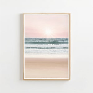 Pastell Strand Sonnenuntergang Druck, blush rosa Meer Sonnenuntergang Fotografie, Boho Küsten herunterladbares Plakat, druckbare Wandkunst