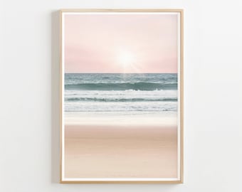 Pastel beach sunset print, blush pink ocean sunset photography, boho coastal downloadable poster, printable wall art