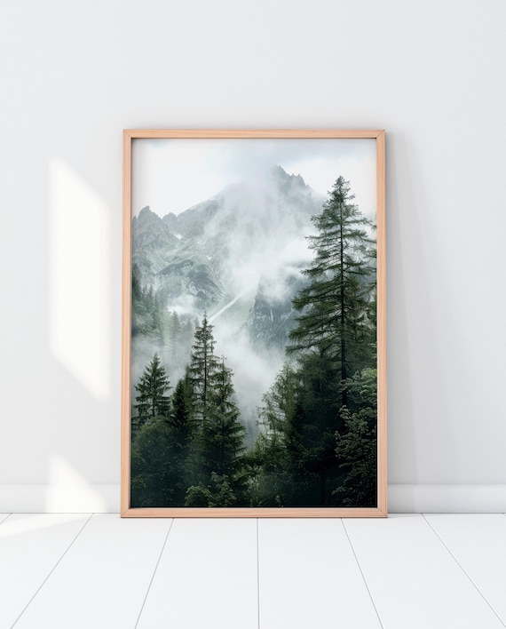 Forest mountains photography print, dark green nature print, foggy mountain landscape digital poster, large printable wall art