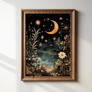 May include: A framed print of a crescent moon with stars and flowers in a dark blue and gold color scheme. The moon is a bright gold color and the stars are scattered across the dark blue background. The flowers are white and yellow and are arranged in a cluster at the bottom of the print.