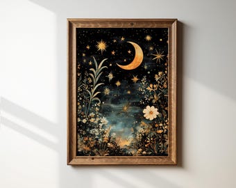 Moody celestial print, Moon stars flowers print, dark stargazing painting, celestial night sky artwork, mystical printable wall art