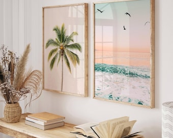 Pastel Beach Prints Set of 2, Coastal 2 piece wall art, Palm Tree Poster, Ocean Wave Photo, Tropical Printable Wall Art