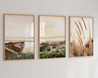 Coastal sunset prints set of 3, pink sunset nature photography, printable wall art