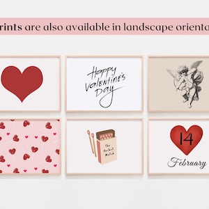 May include: Six printable Valentine's Day designs featuring a red heart, a heart with the number 14, a heart lollipop pattern, a matchbox with the text "The Perfect Match", a cupid with an arrow, and the text "Happy Valentine's Day".