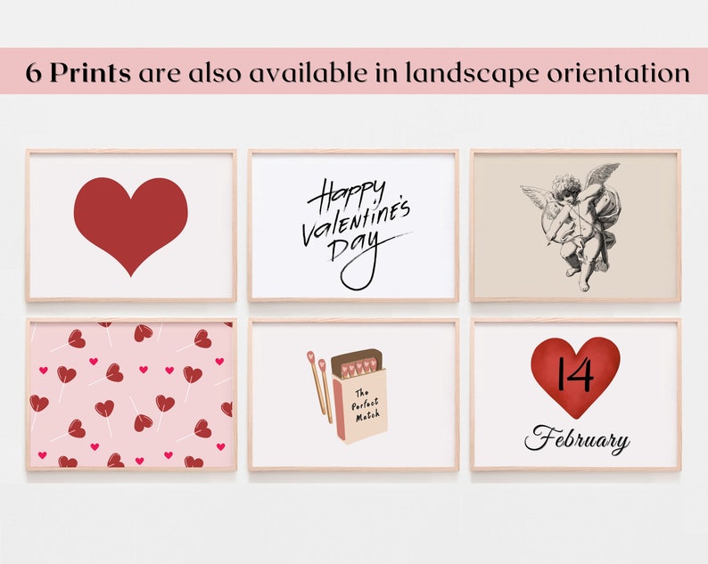 May include: Six printable Valentine's Day designs featuring a red heart, a heart with the number 14, a heart lollipop pattern, a matchbox with the text "The Perfect Match", a cupid with an arrow, and the text "Happy Valentine's Day".