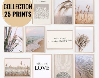 Gallery Wall Set of 25 Prints, Pastel Coastal Collection, Neutral Minimalist Beach Posters, Printable Wall Art