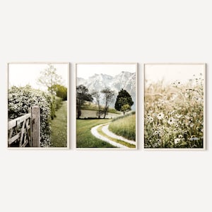 Natur Fotos Wandbild, grüne Landschaften Drucke, 3er Set, Wald Feld Wege Poster, Wildblumen Feld Bilder, druckbare Wandkunst