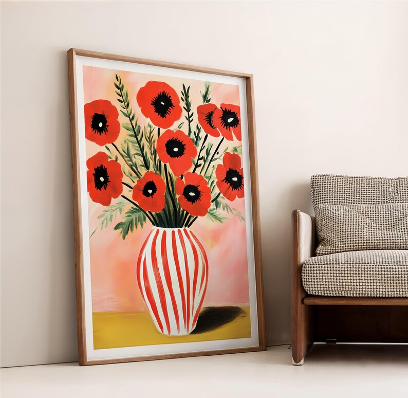 Red Poppies Floral Vase Art Print, Abstract Bold Floral Painting ...