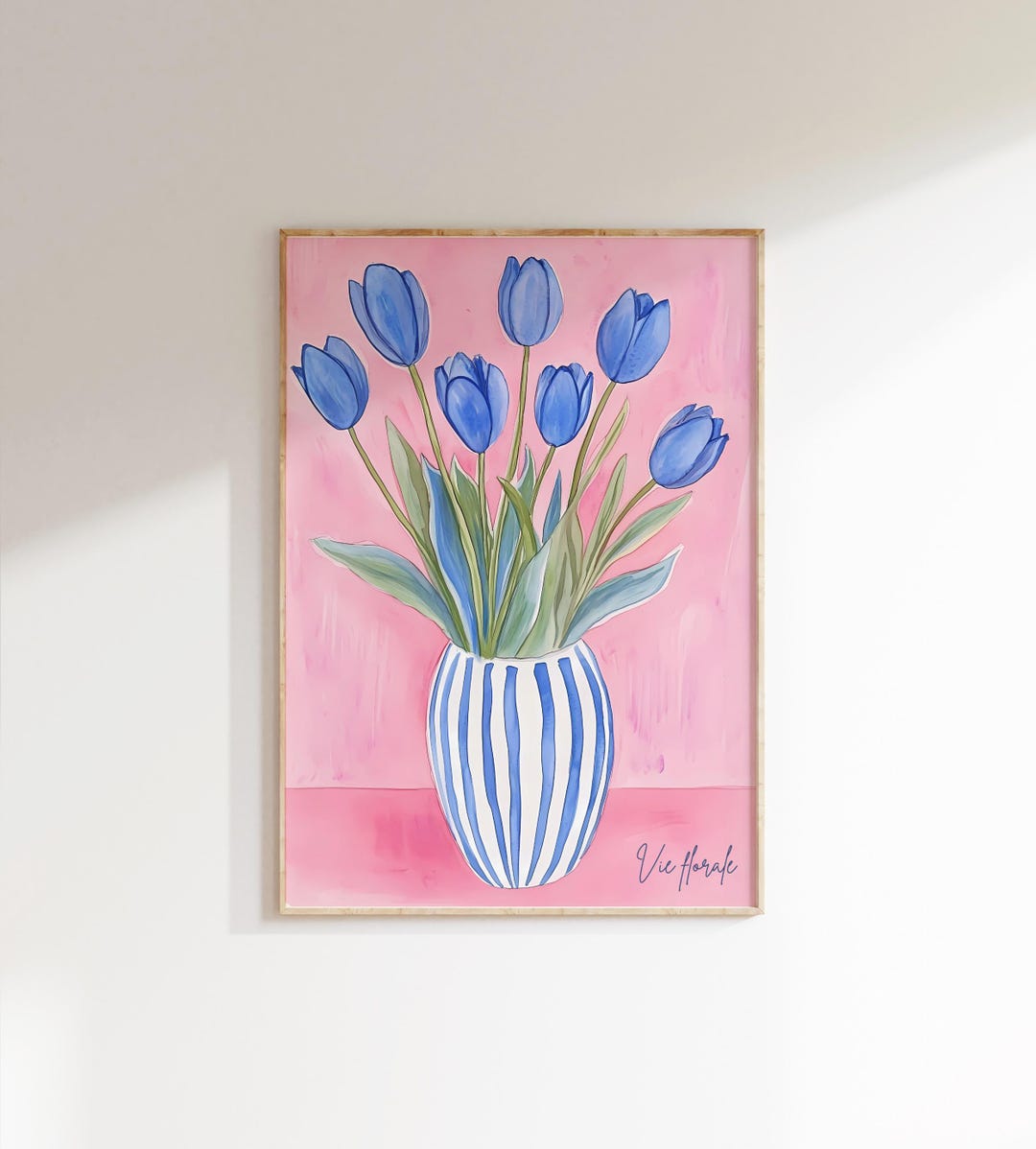 Tulip Flowers in Vase Print, Modern Blue Pink Floral Botanical Art ...