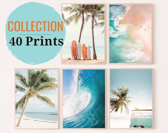 Beach Wall Art Prints, Gallery Wall Set of 40 Prints, Tropical Coastal Posters, Ocean Photography, Printable Wall Art