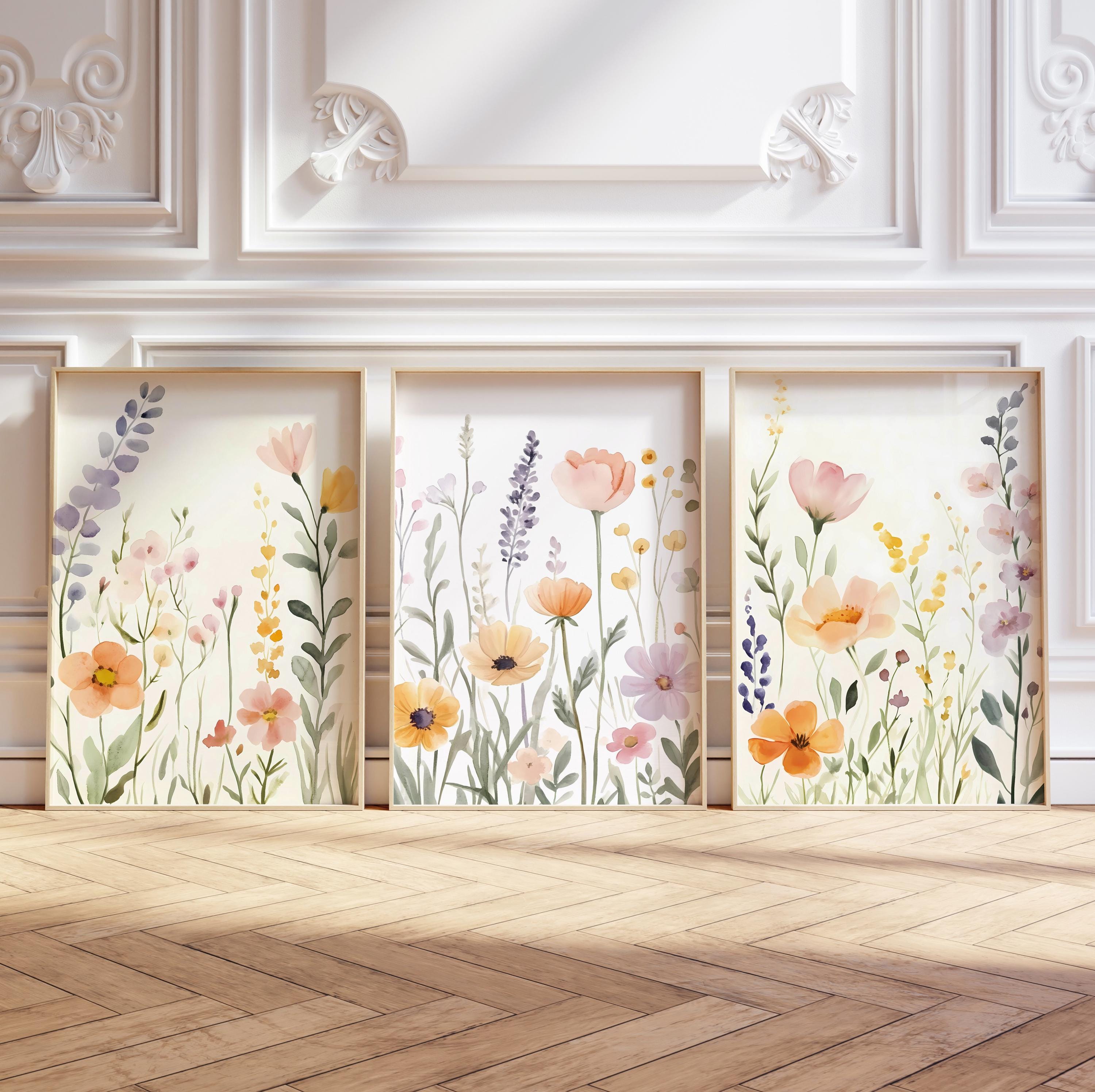 Pastel Wildflowers Prints Set of 3, Watercolor Colorful Wildflowers 3 ...