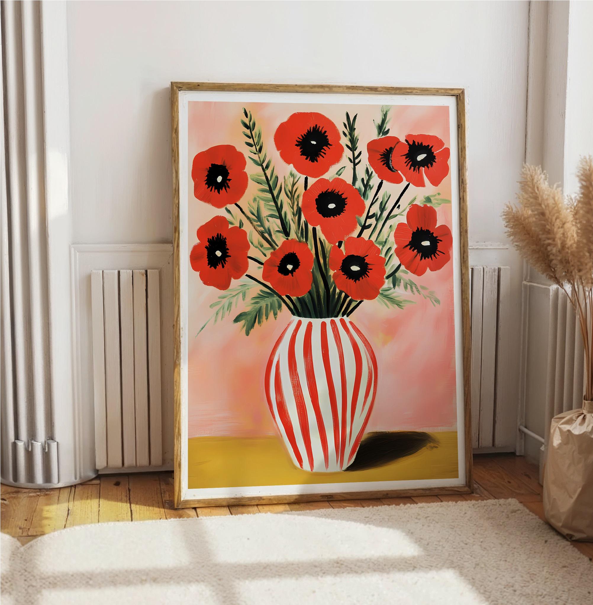 Red Poppies Floral Vase Art Print, Abstract Bold Floral Painting ...
