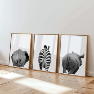 Dieren kontafdrukken, 3-delige kunst aan de muur, dierlijke konten badkamer wanddecoratie, poster grappige dieren, afdrukbare muurkunst