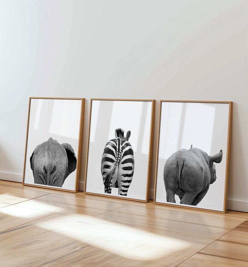 May include: Three framed black and white prints featuring the rear views of an elephant, a zebra, and a rhinoceros. The prints are displayed on a wooden floor against a white wall. The frames are a light brown color.