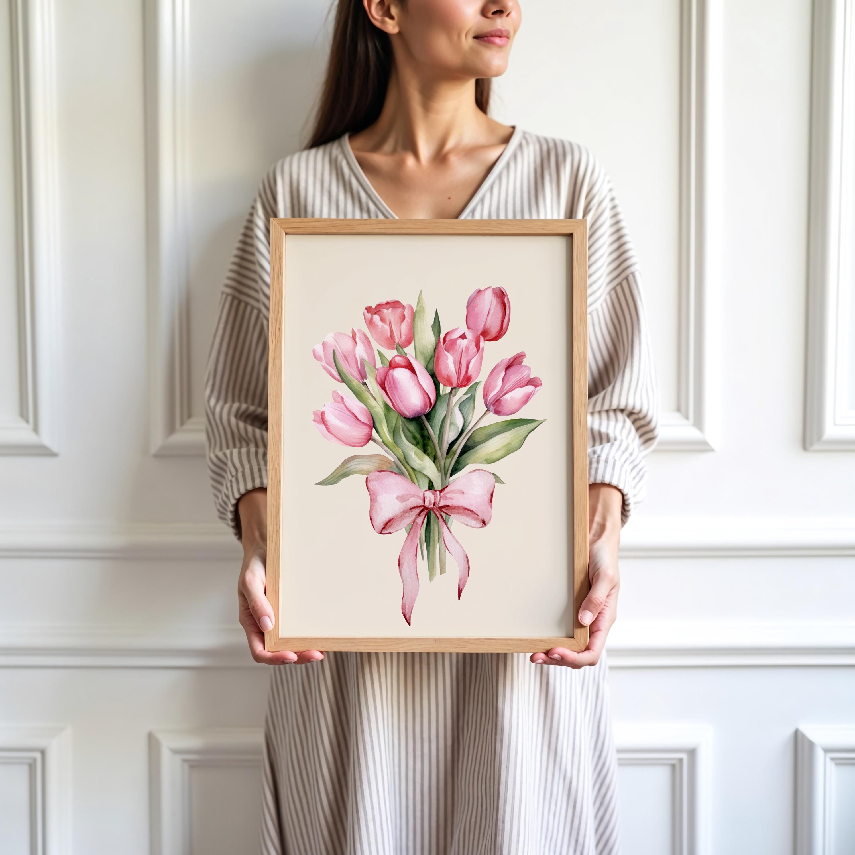 コケット水彩画のチューリップの花束プリント、ピンクのリボン付きの花