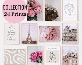 Pink girlie digital prints, Paris gallery wall set of 24 prints, Fashion blush pink posters, Printable Wall Art