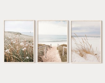 Downloadable Neutral coastal prints set of 3, boho beach gallery wall, calming beach house posters, printable wall art
