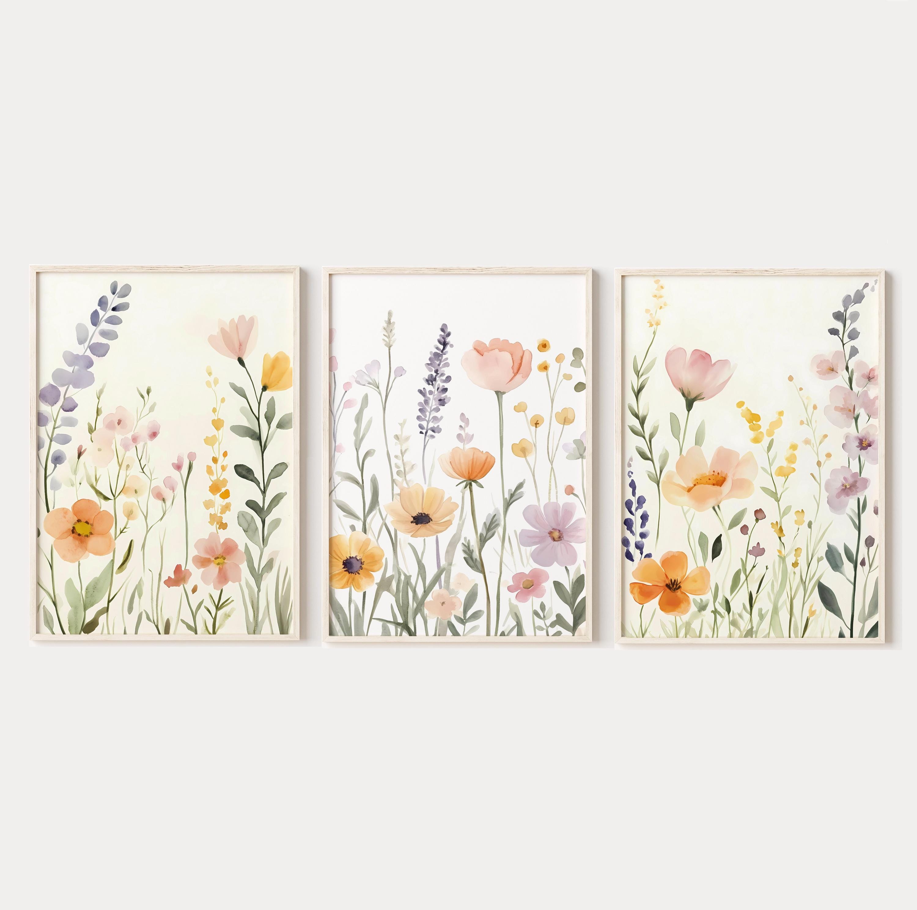 Pastel Wildflowers Prints Set of 3, Watercolor Colorful Wildflowers 3 ...