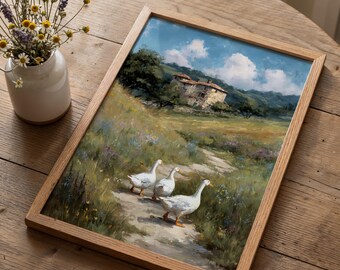 Vintage Geese Painting Art Print: Cottagecore Country Landscape (Digital Download)