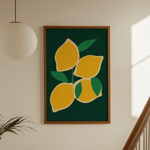 Lemons art print, trending green kitchen digital poster, summer mediterranean fruit art, vibrant green yellow printable wall art