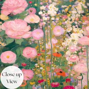May include: An oil painting style illustration of a dense garden filled with large pink peonies, small white blossoms, and scattered orange poppies. The scene features vibrant green foliage and yellow accents throughout the floral composition.