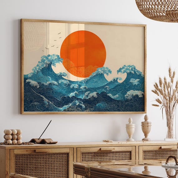 Sun & Sea Landscape Wall Art, Minimalist Japanese Nature Painting