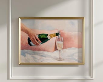 Rosa Champagner im Bett Gemälde, Girly Schlafzimmer Kunstdruck (Digital Download)