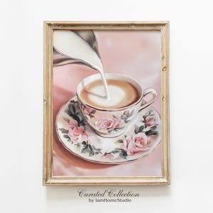 Impressão vintage de café rosa, pintura estética feminina de xícara de café, arte de presente neutra para amantes de café, arte de parede para impressão de cozinha elegante