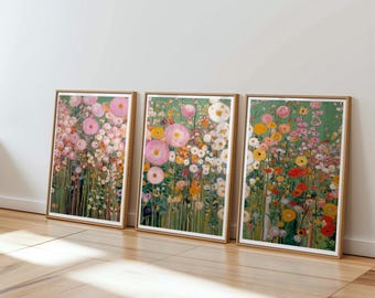 Gustav Klimt style Wildflower meadow prints set of 3, floral garden paintings, digital download