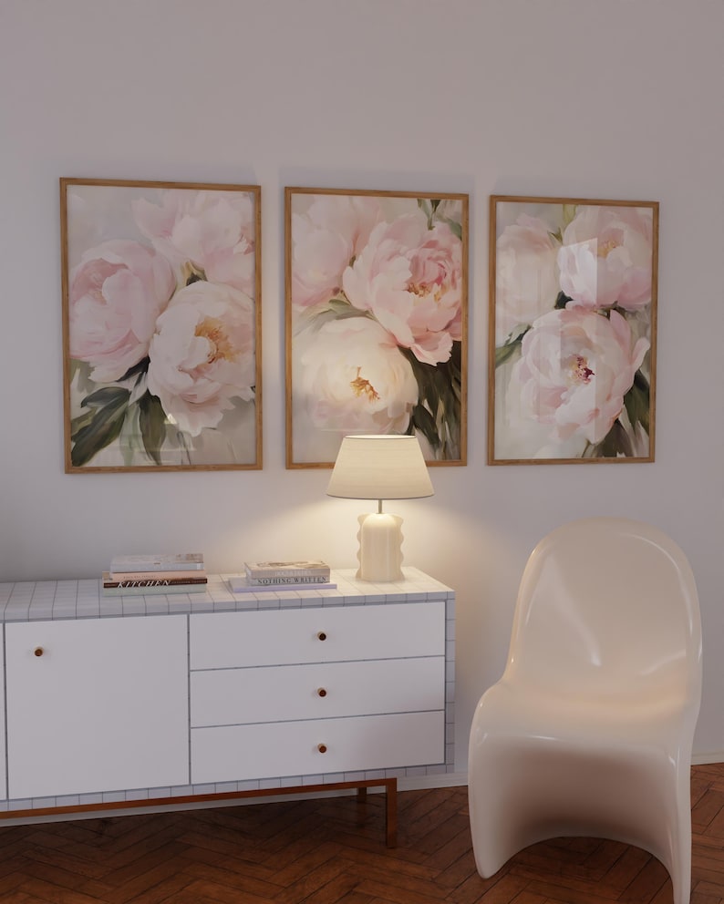 Pastel Pink Peony Prints Set of 3, Soft Pink Flowers Paintings ...