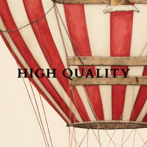 May include: A red and white striped hot air balloon with a wooden frame and a basket. The balloon is tied to the ground with ropes. The text "HIGH QUALITY" is printed on the balloon.