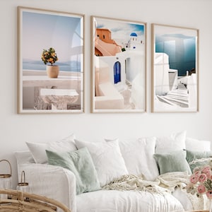 Conjunto de impresiones digitales de Santorini de 3, arte mural de la galería de Grecia, carteles de viajes por el Mediterráneo, arte de pared imprimible