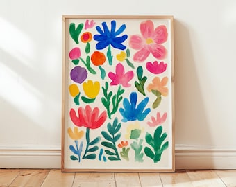 Summer flowers print, abstract multicolor botanical painting, colorful modern floral artwork, large room printable wall art