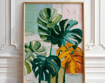 Monstera leaves painting, green botanical art print, tropical leaf poster, Digital Download