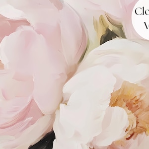 May include: Close-up view of a floral painting with soft brushstrokes. The artwork features large, abstract peony blooms in shades of pink, white, and peach. The painting has a textured appearance, with visible brushstrokes creating depth and movement.