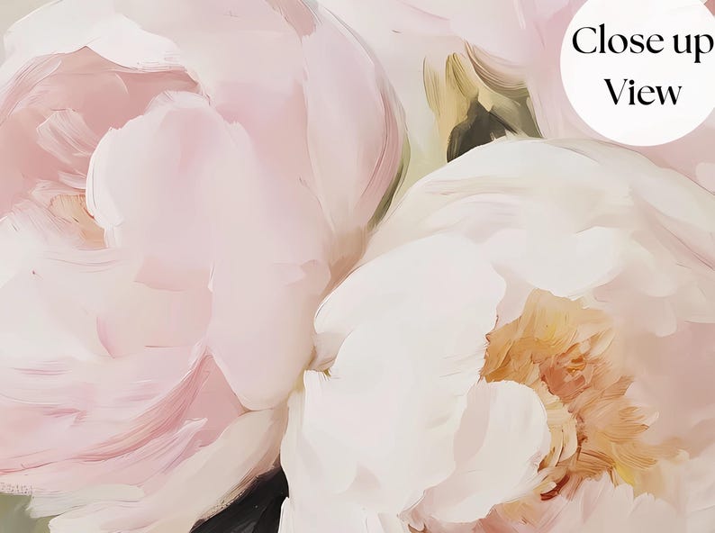 May include: Close-up view of a floral painting with soft brushstrokes. The artwork features large, abstract peony blooms in shades of pink, white, and peach. The painting has a textured appearance, with visible brushstrokes creating depth and movement.