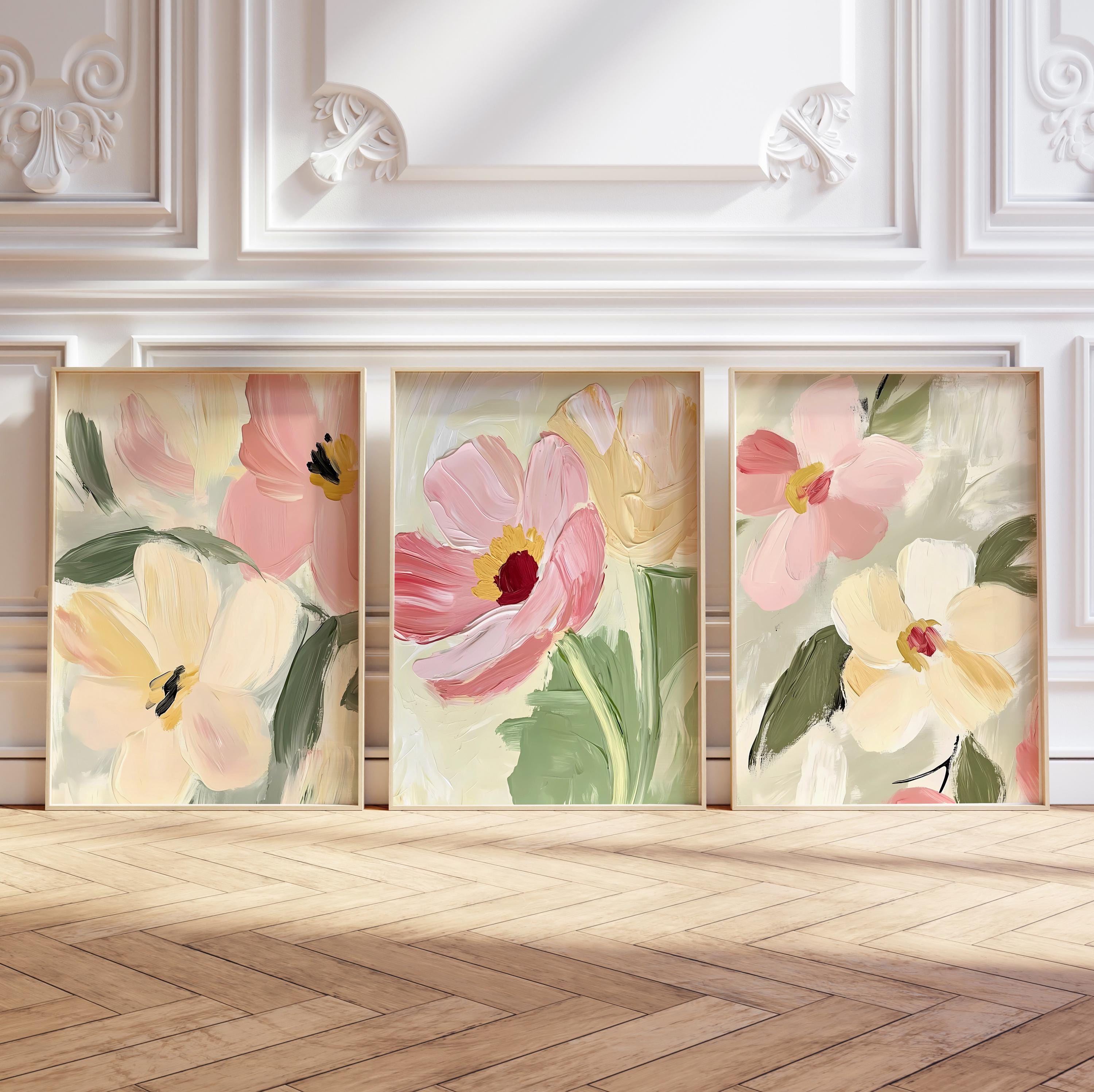 Pastel wildflowers oil painting prints, neutral tones abstract floral prints set of 3, cottagecore flowers artwork, printable wall art
