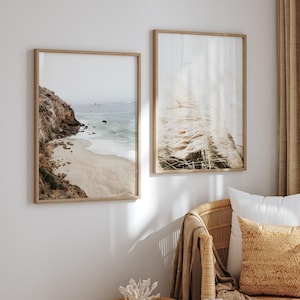 Beach pampas wall prints, boho coastal set of 2 prints, neutral coastal pampas prints, printable wall art