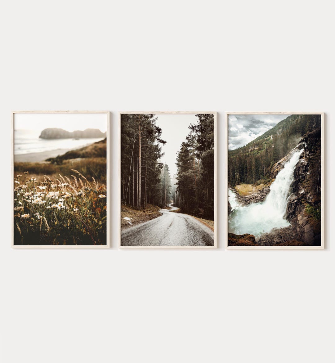 Printable Landscape Prints Set of 3, Forest Waterfall Nature