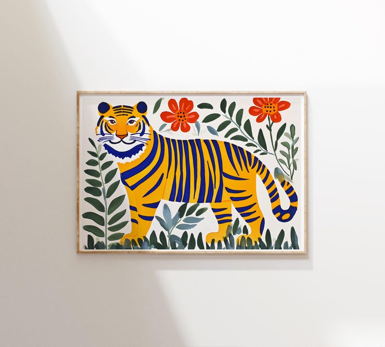 May include: A framed illustration of a yellow and blue striped tiger walking through a jungle scene with red flowers. The tiger is facing the viewer and has a friendly expression.