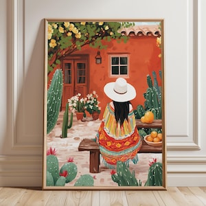Colorful mexican art print, abstract mexican woman painting, rustic Mexico cactus artwork, large printable wall art