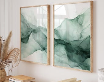 Green abstract painting 2 piece wall art, sage green set of 2 prints, minimalist abstract room artwork, printable wall art